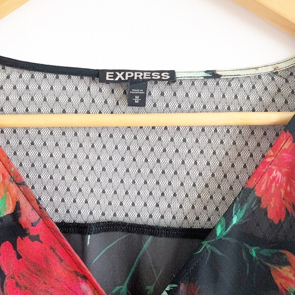 Express shirt black sheer flowered tie back blouse - Picture 3 of 6